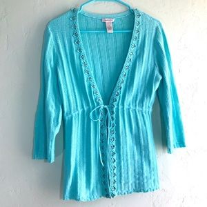 Vintage Harold’s cotton blend open front cardigan beaded - made in Hong Kong